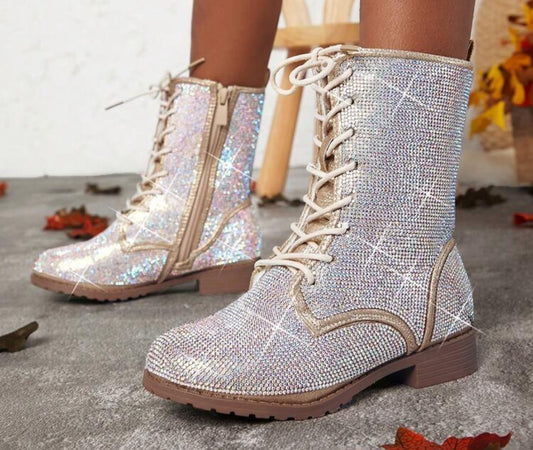 “So Sparkly” Kids Sparkling Shoelace & Zipper High Top Boots