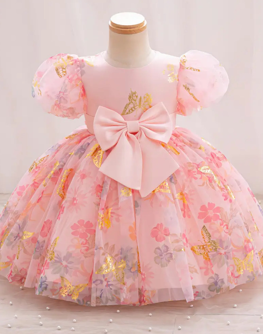 Stunning One-of-a-Kind Golden Floral Mesh Princess Dress for Girls