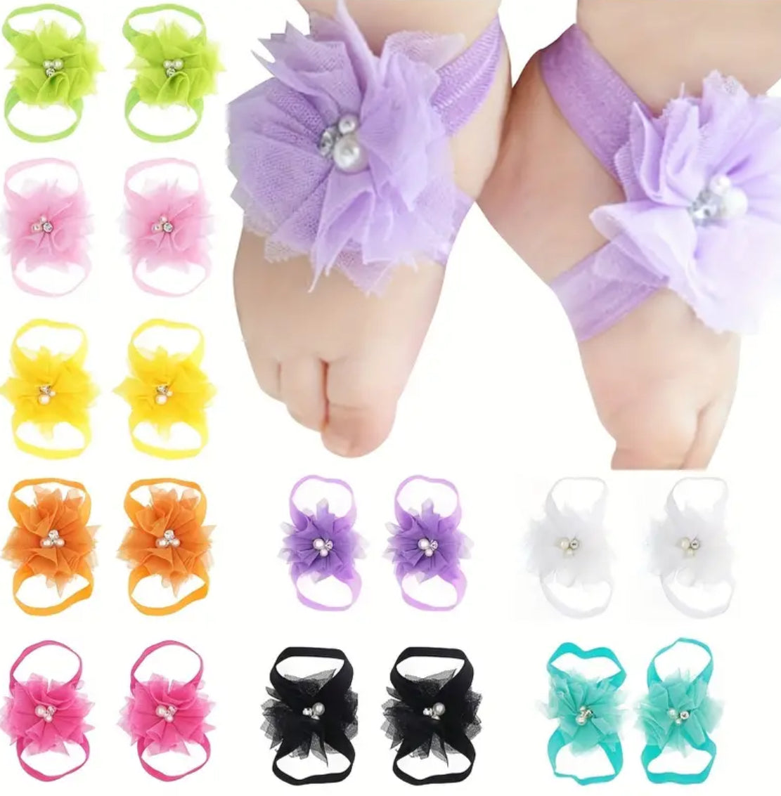 Sparkling Cubic Zirconia & Faux Pearl Flower Mesh Baby Foot Band