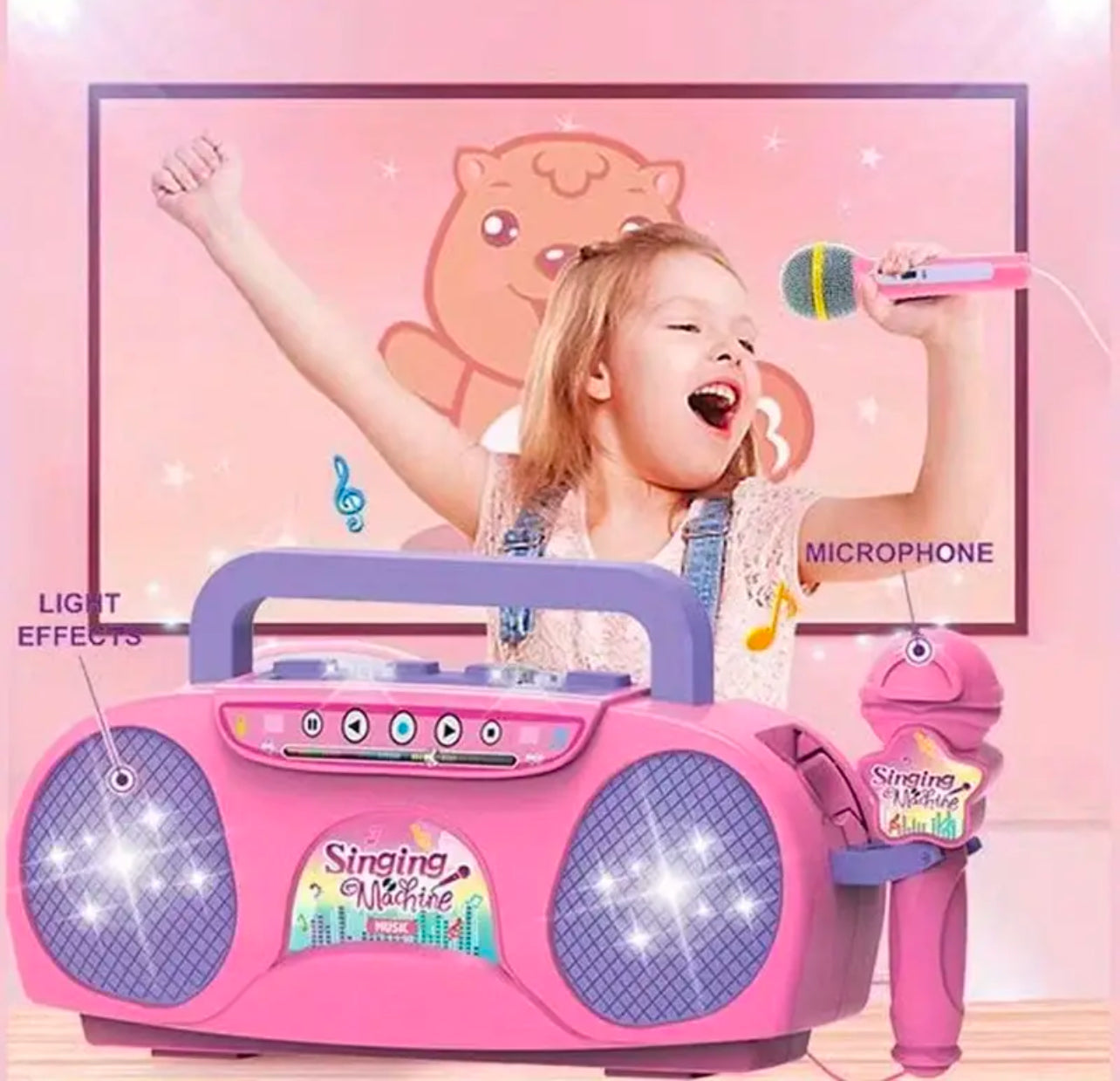 Kids Boombox + Microphone & Lights. Portable Lightweight Karaoke Instrument Toy, Plastic, Battery Operated (AA) Ideal Birthday Gift