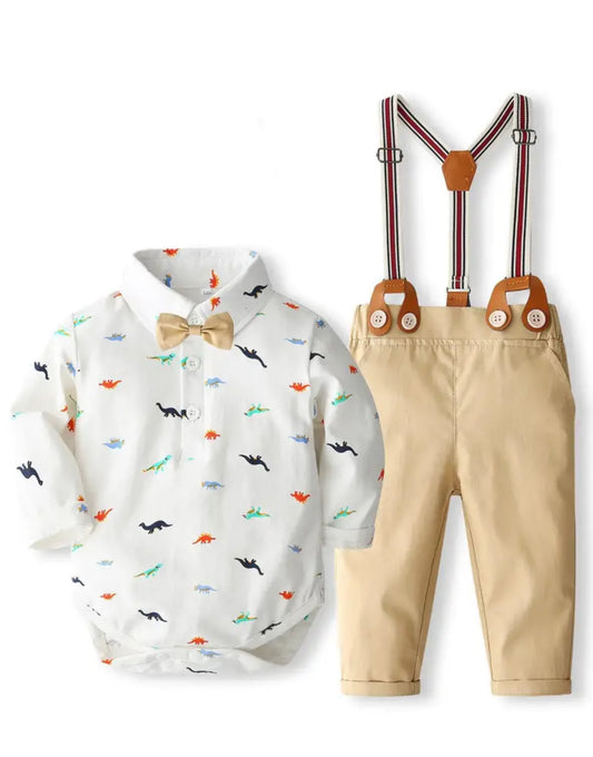 Dino🦕 2pcs Baby Boy's Gentleman Jumpsuit Outfit with Bowtie Shirt and Overalls Set