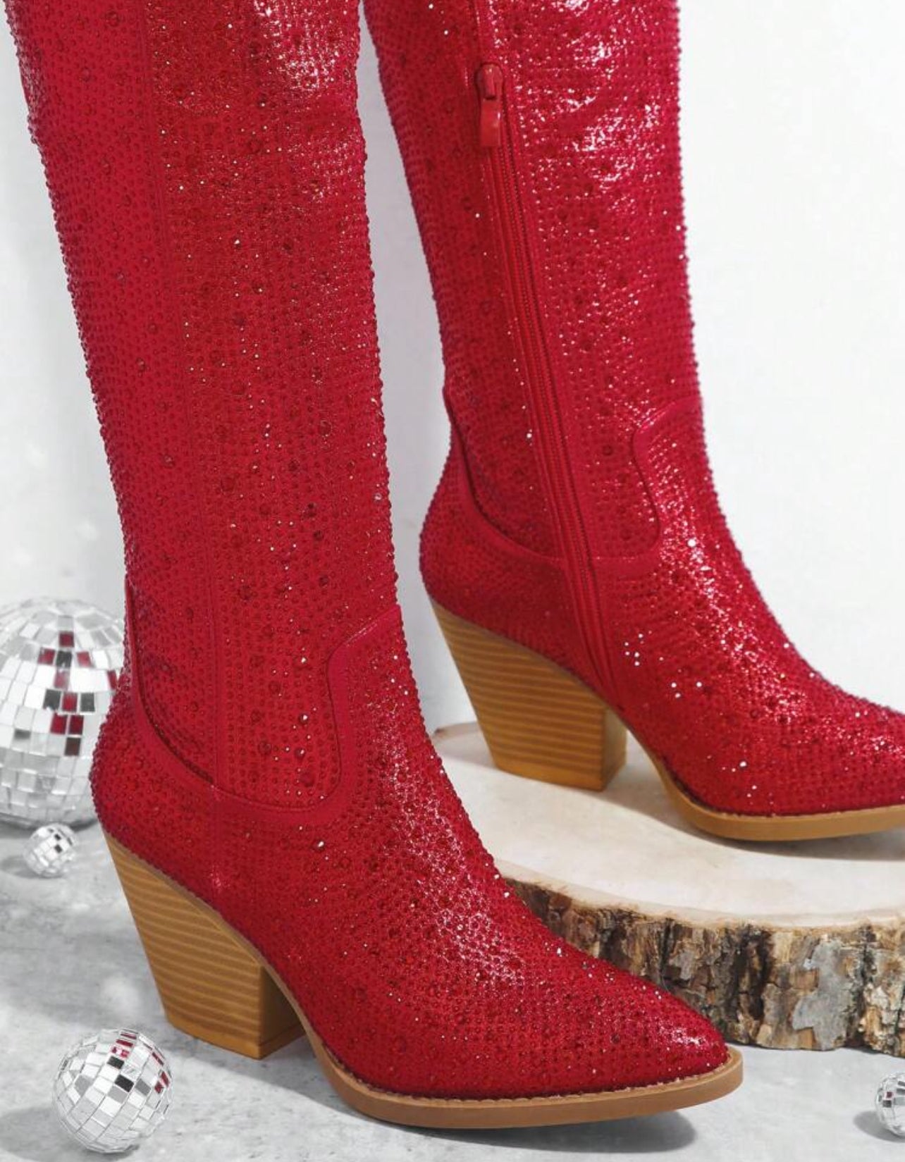 Botas vaqueras rojas con brillantes diamantes de imitación para mujer