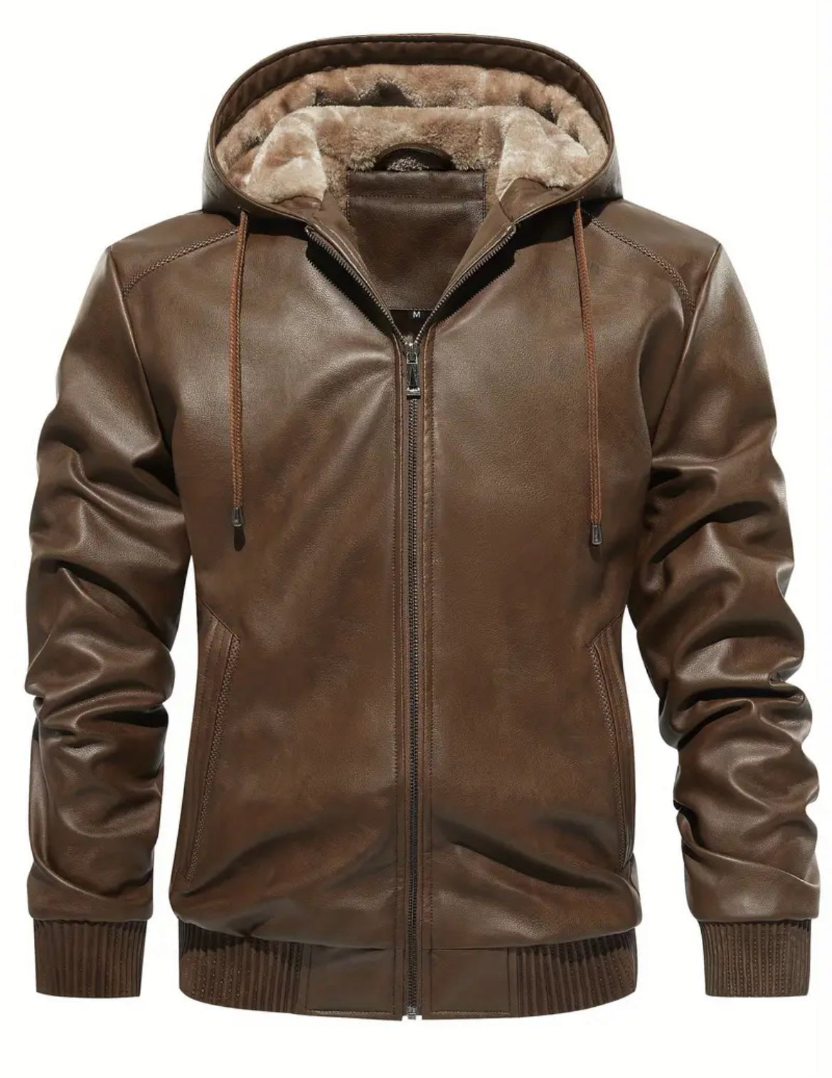 Men's Solid Color Faux Leather Hooded, Windproof Waterproof Trendy Thick Jacket, Sugar 🎩 Daddy Collection