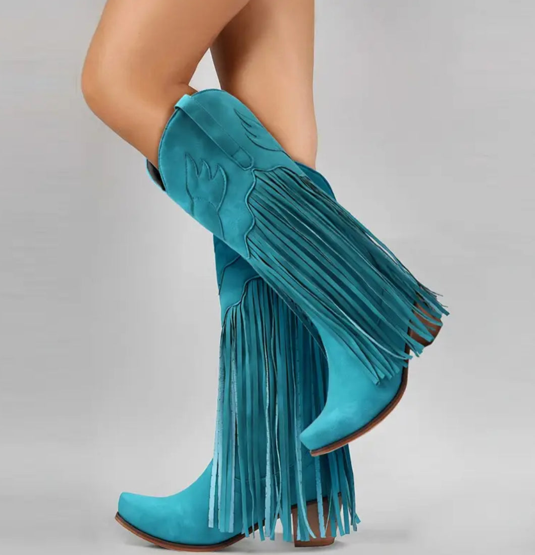 Women Fringe Tassel Cowgirl Boots Stacked Heel Retro Boots | Mid Calf Embroidered