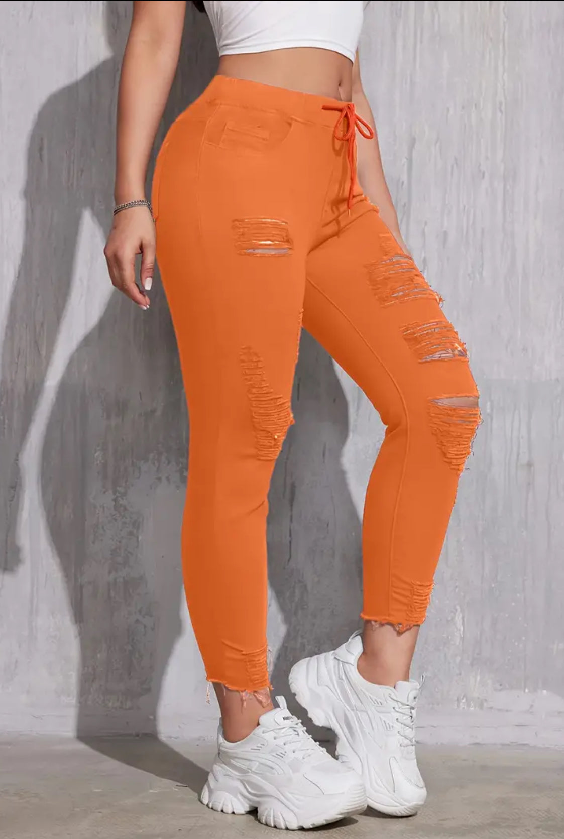 “Creamsicles” Stretchy Skinny, High-Waisted Jeans With Drawstring Waist