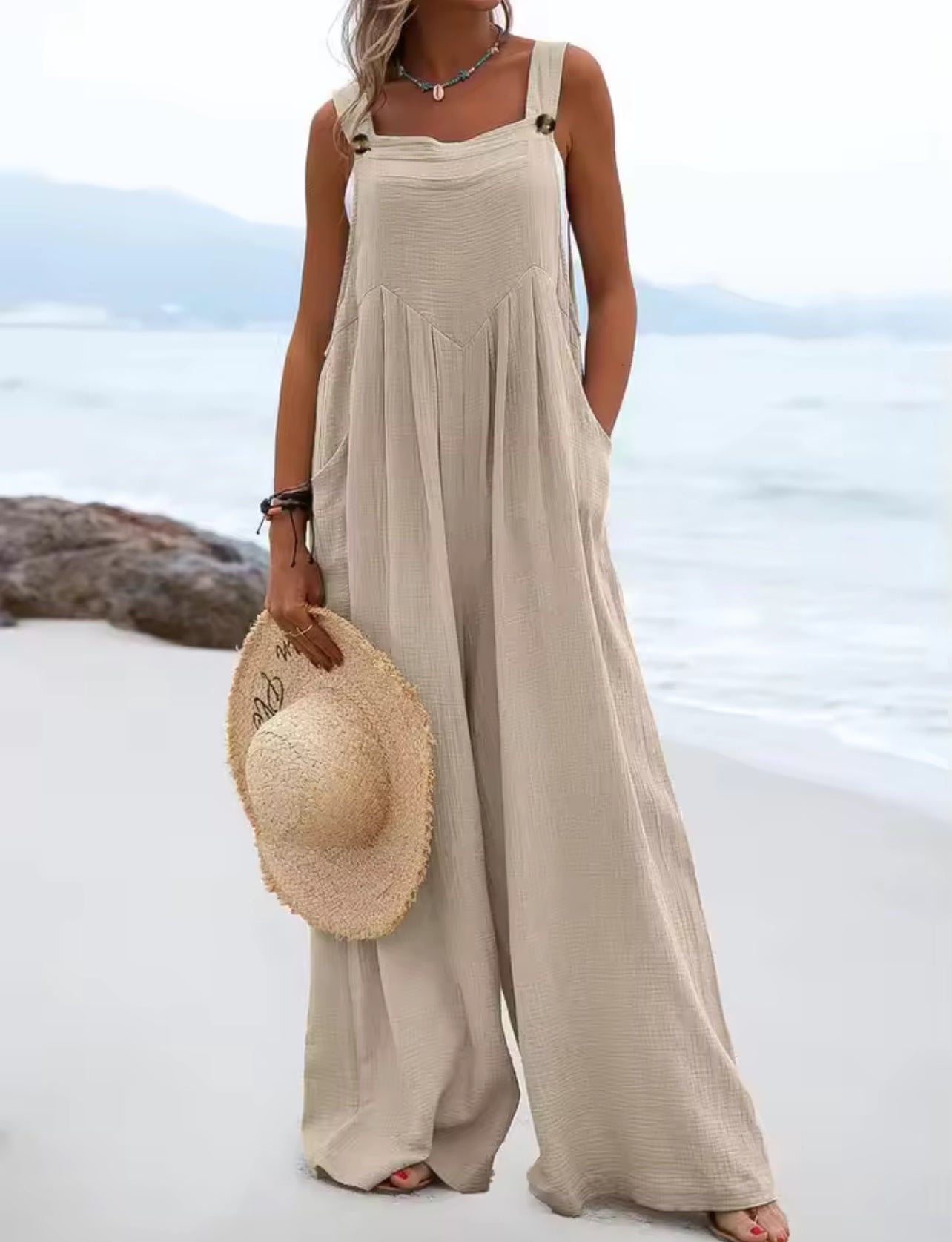 Casual Mid Waist + Pockets, Sexy Backless Full Length, Loose Wide Leg, Jumpsuit