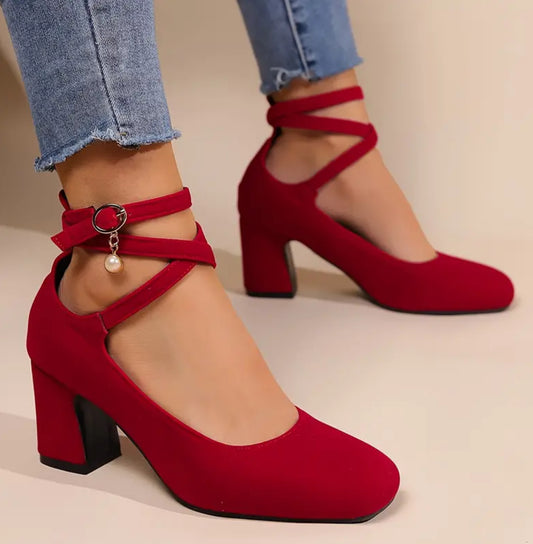 “Serenity” Crisscross Chic Heels, Secure Ankle Strap, Block High Heels for Evening Glamour, Women’s