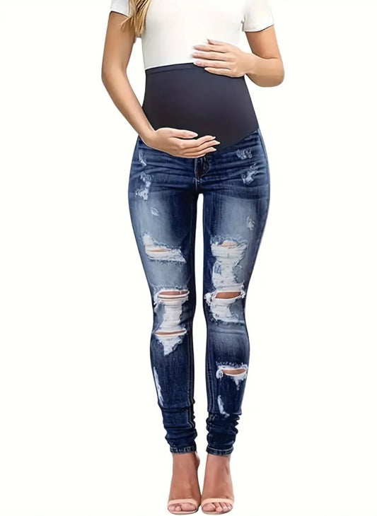 Maternity Jeans, Casual Style, Slight Stretch, Washed Solid Color, Comfortable Elastic Waistband