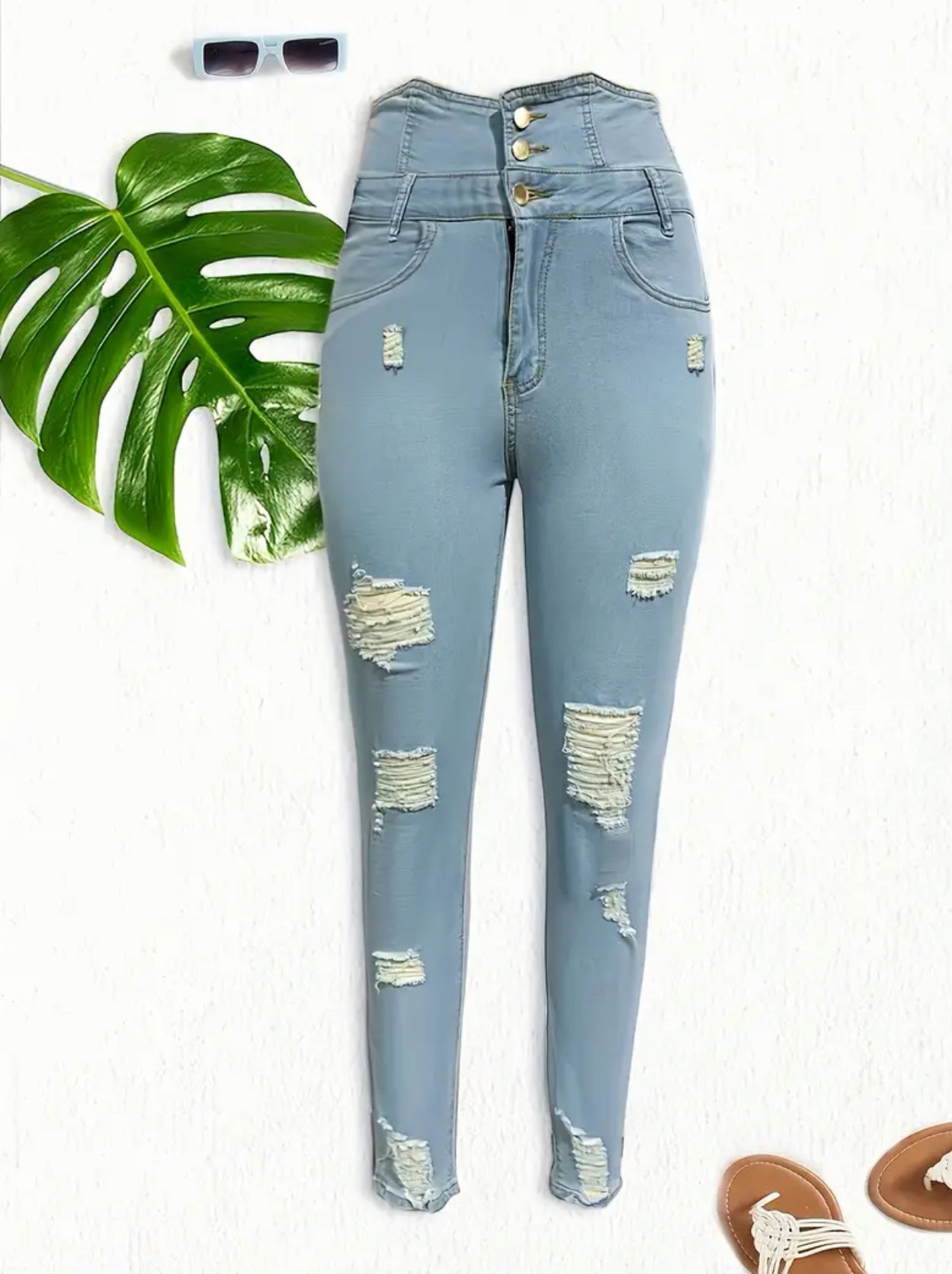 Posh 💋 Ripped Casual Skinny Jeans, Distressed Single-Breasted Button High Waist Denim Pants