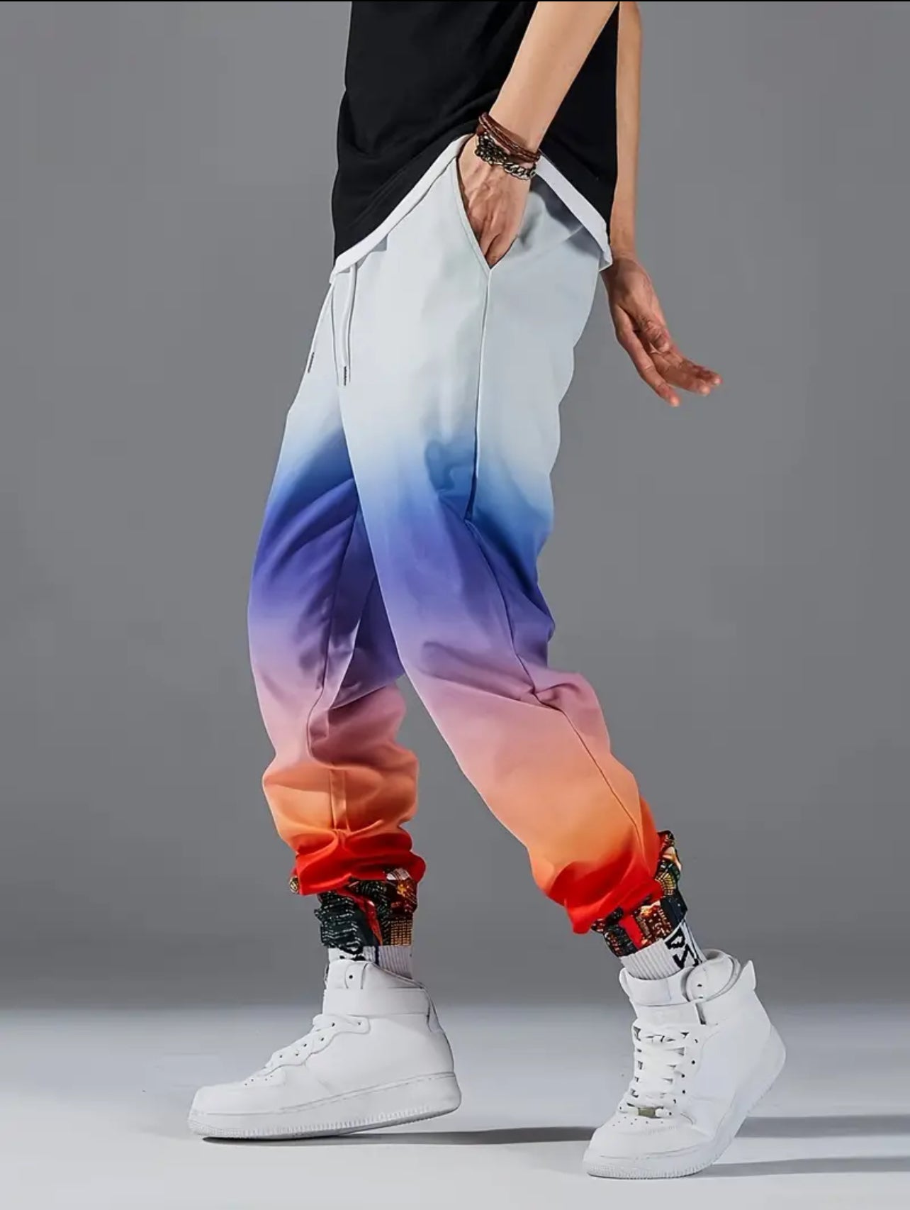 Ombre Gradient Color Drawstring Loose Fit Sweatpants, Casual Slightly Stretch Joggers