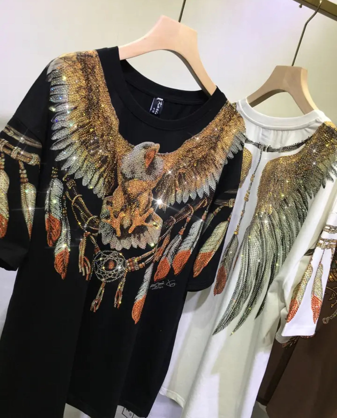 L-4XL, Eagle Rhinestones Women-Men Loose Short Sleeve T-Shirt