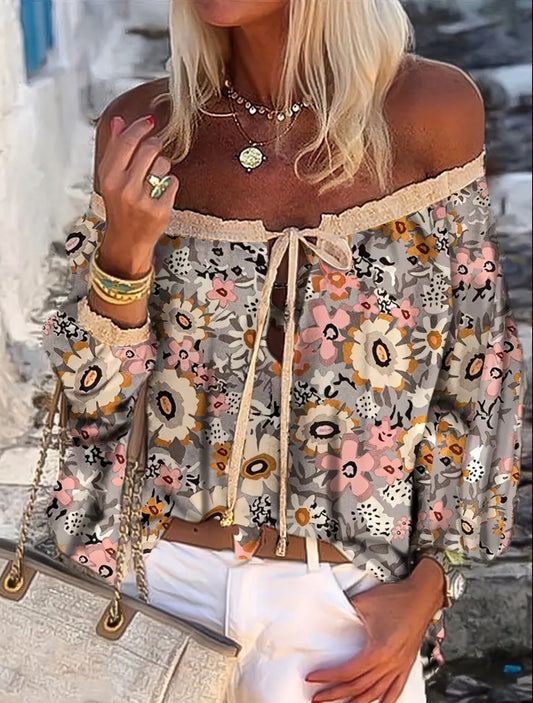 Floral Print Off Shoulder Blouse - Lantern Sleeve Top