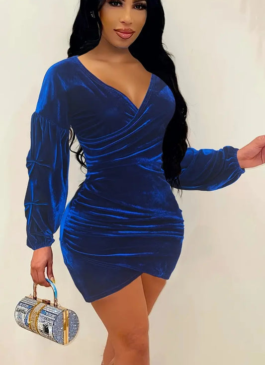 “Velvet” Mini Dress, Long Sleeve Ruched, V-Neck Bodycon