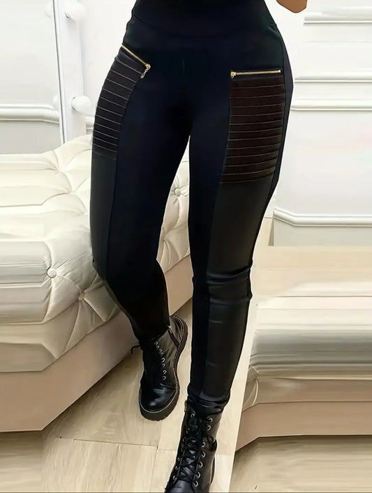 Solid Black Faux Leather Skinny, Zipper Design Pants