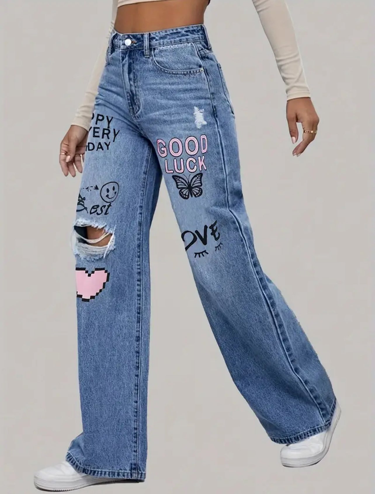 Heart Love Letter Graffiti Print Ripped Denim 🩷