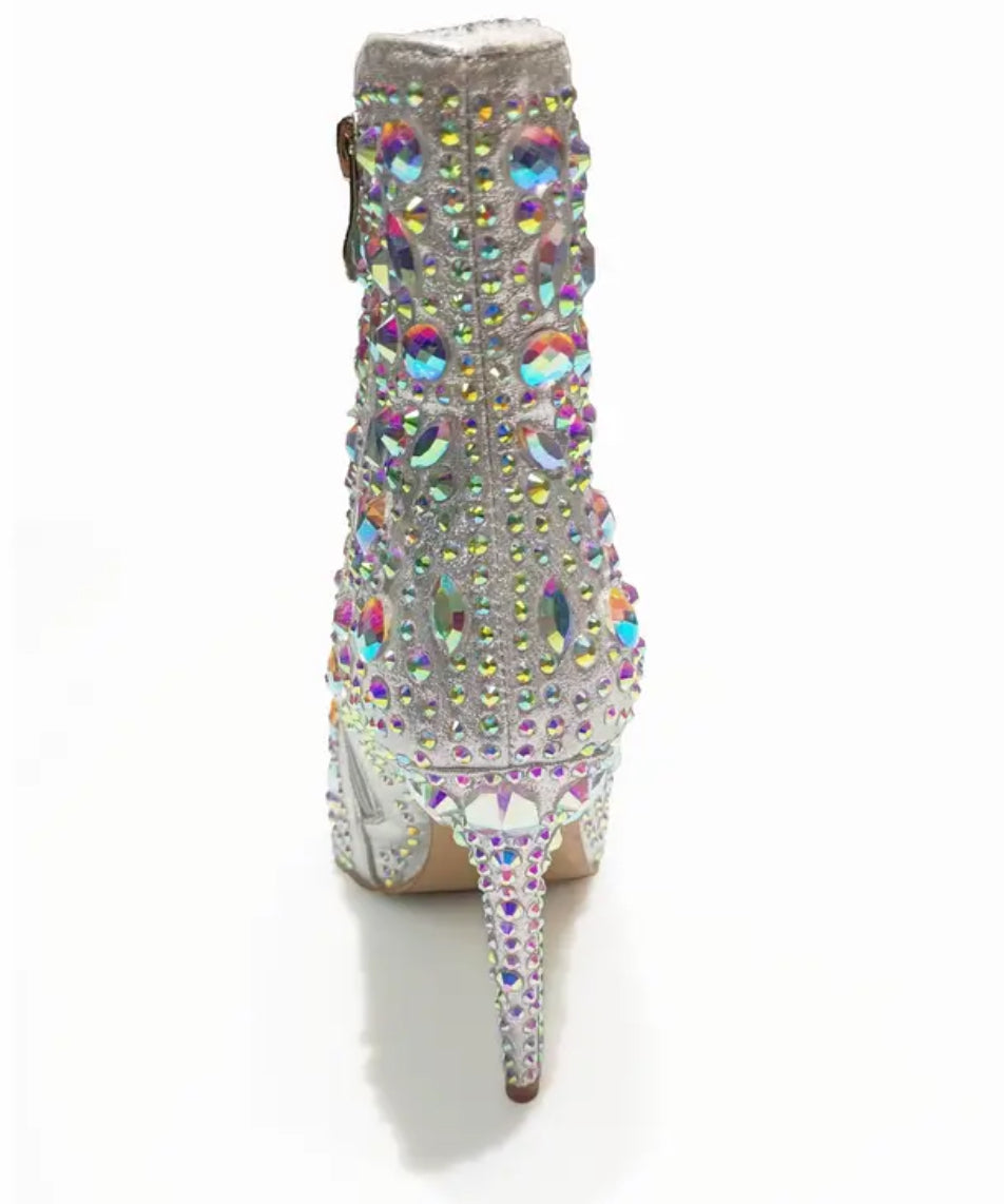 “Silvery Sparkling Rhinestone” Embellished Bootie - Mid High Heel, AB Rhinestones, Luxurious Design, Elegant Style