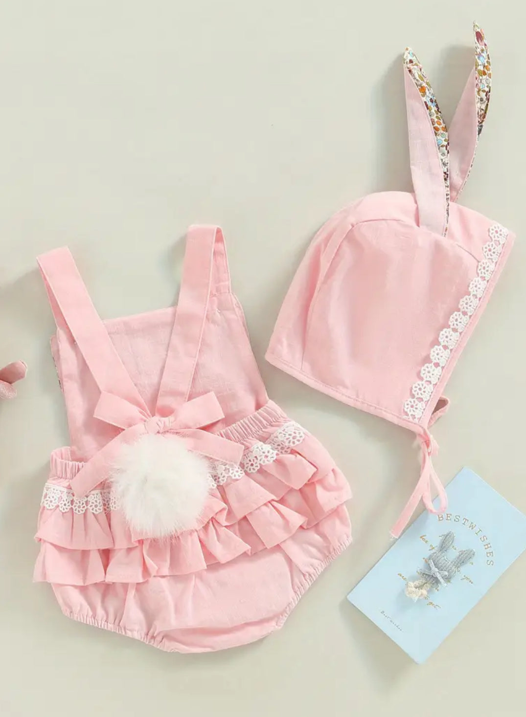 Girls ‘Bunny’ Rabbit Ears+ Ruffles One-Piece Bib Onesie