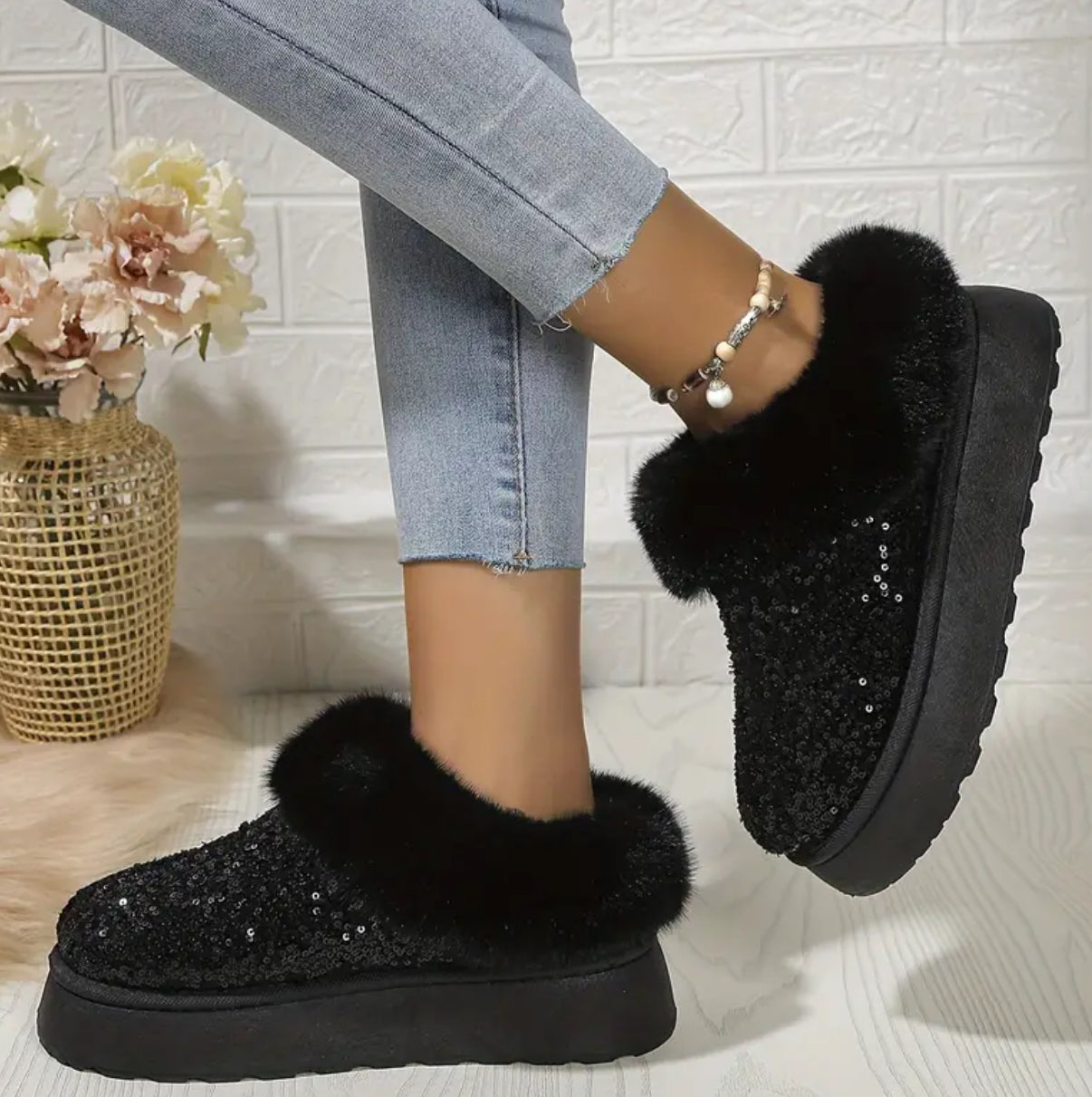 Women's Sequin Fur Lined Winter Warm Slip-On, In Door-Outdoor Slippers