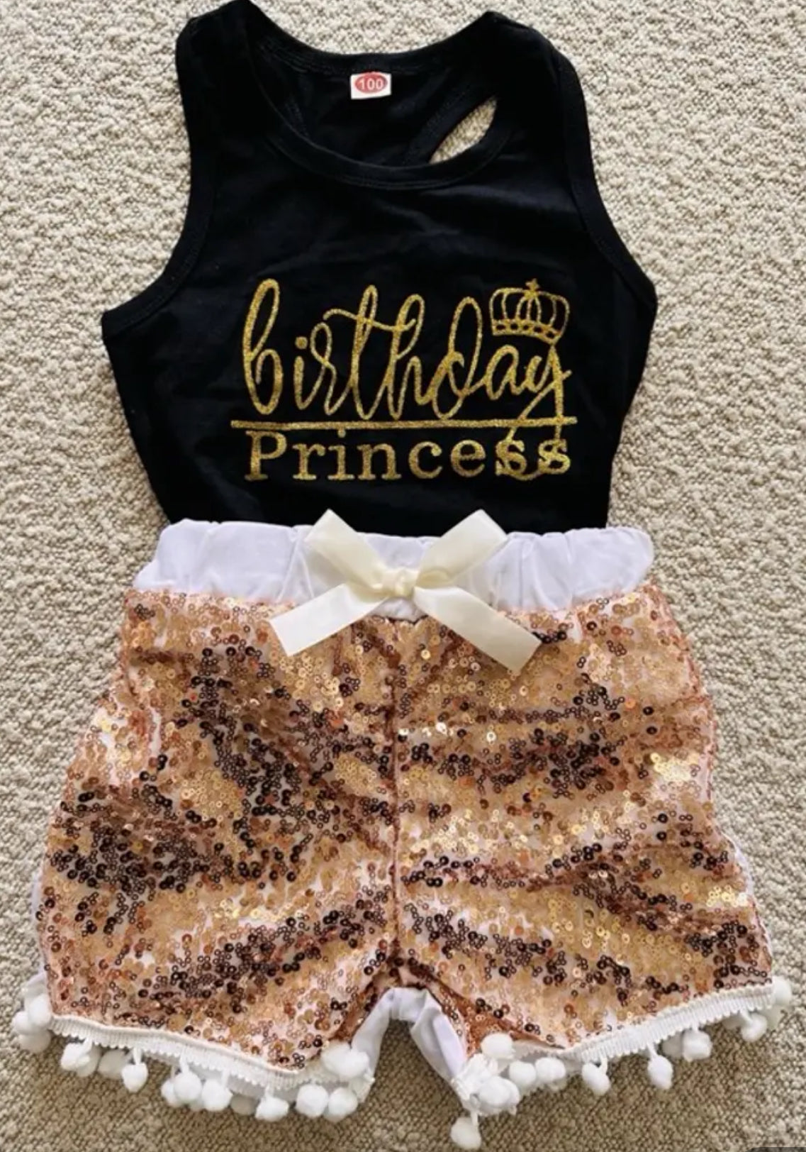 2pcs Girls ''Birthday Princess'' Print Tank Top & Sequin Shorts Set