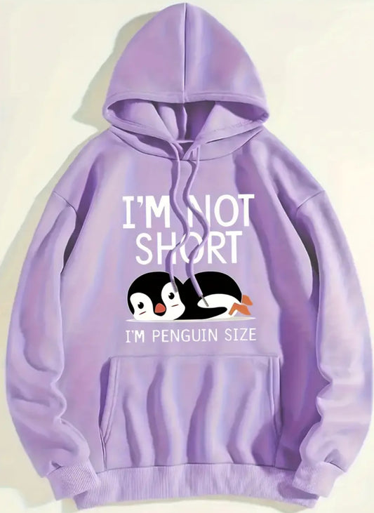 “I’m Not Short” Penguin, Casual Comfy Kangaroo Pocket & Long Sleeves Hoodie Sweatshirt, Women’s S-2XL