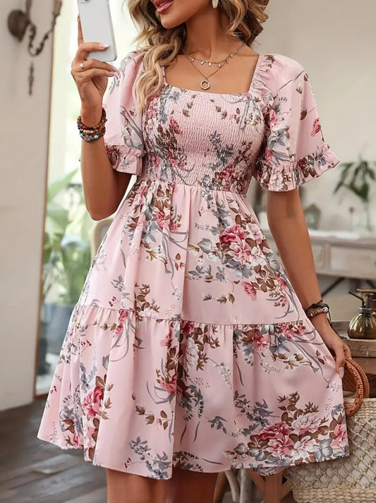 “Bouquets” Floral Print Dress, Ruffle Sleeve