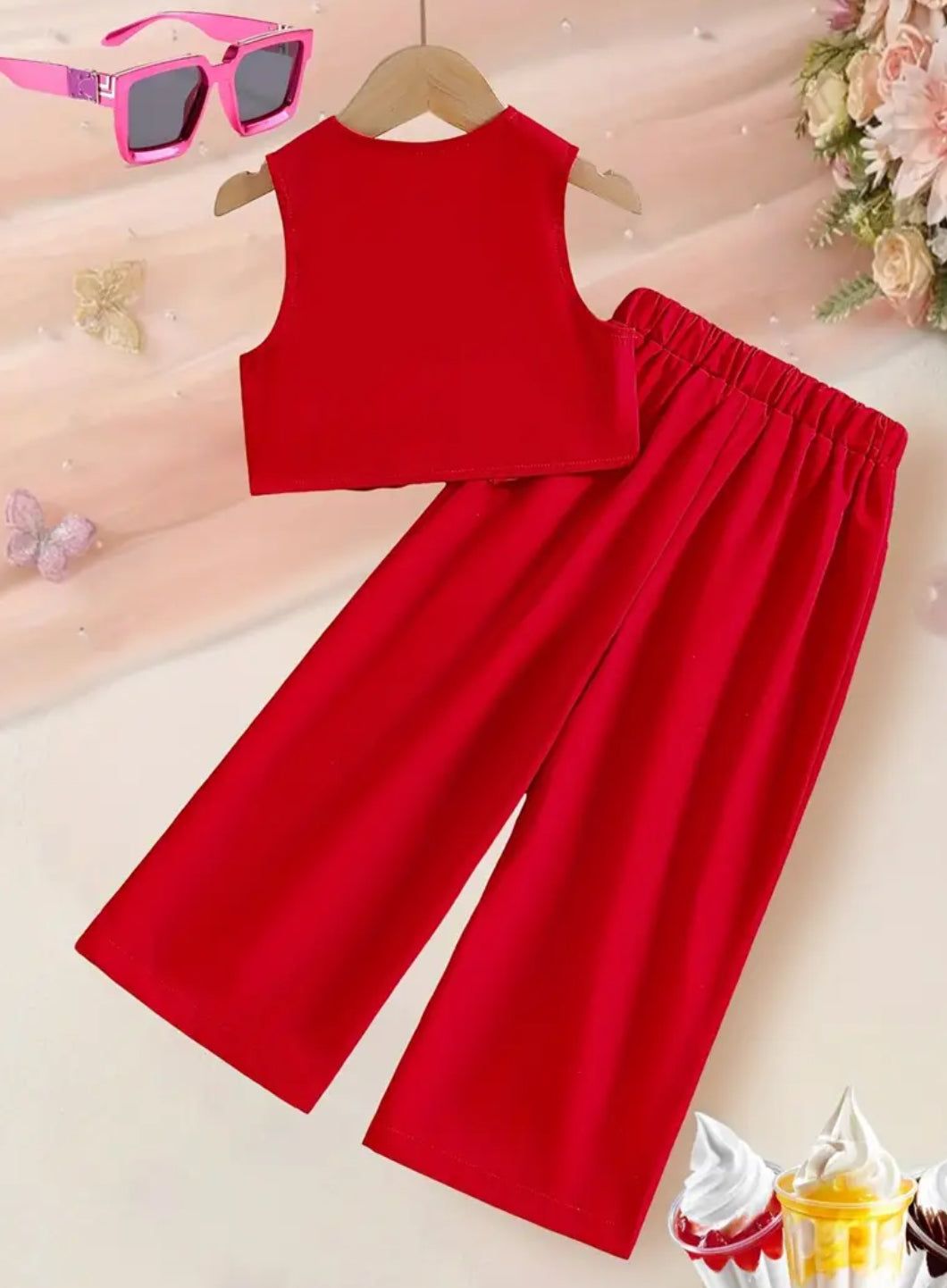 Girls ‘PAINT THE TOWN RED’ Fashion 2pcs Set Button Up Front Clip Vest + Elastic Waist Pants 