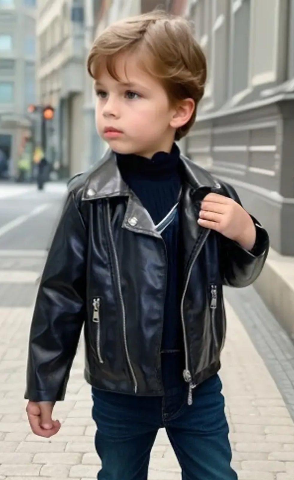 Chaqueta de moto de cuero para niños, bolsillo con cremallera, lavable a máquina, corte holgado