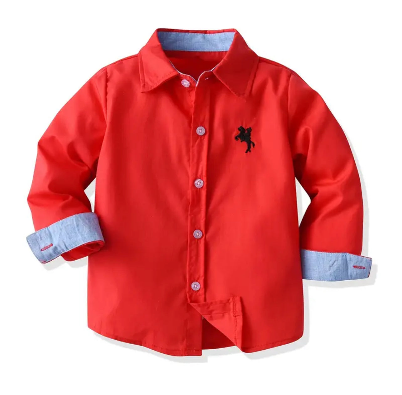 The Boys, Red Trendy Horse Embroidered Long Sleeve Button Down Shirt,