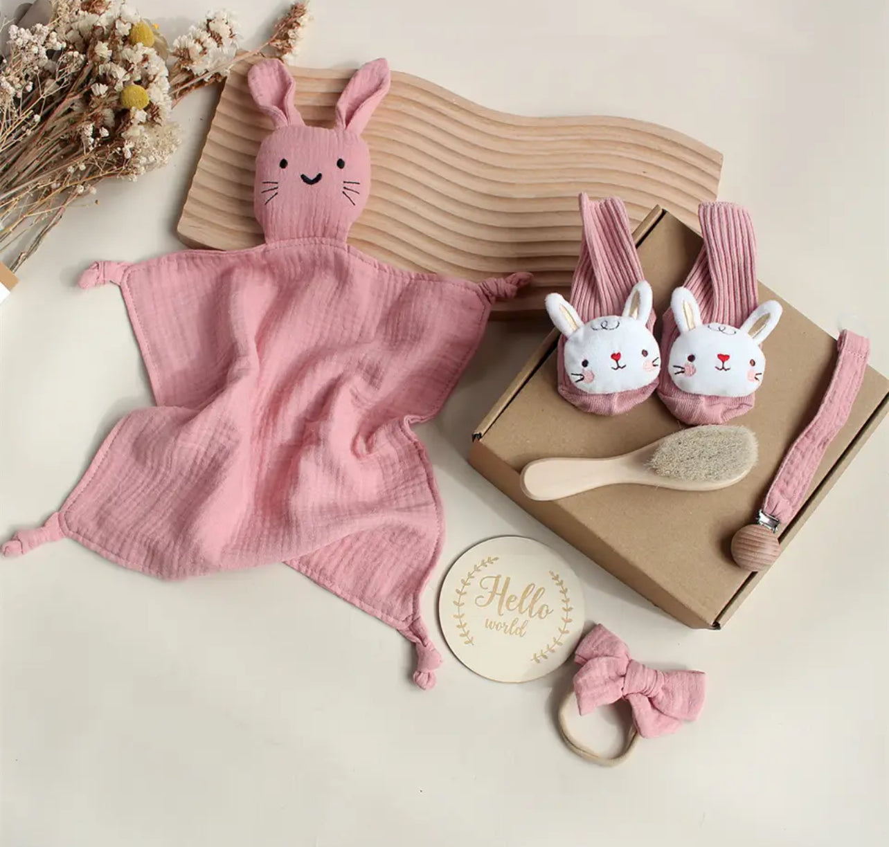 “6Pcs Gifts Box Set” Wooden Rattle Brushs Bunny Towel For Baby Shower Gift and more