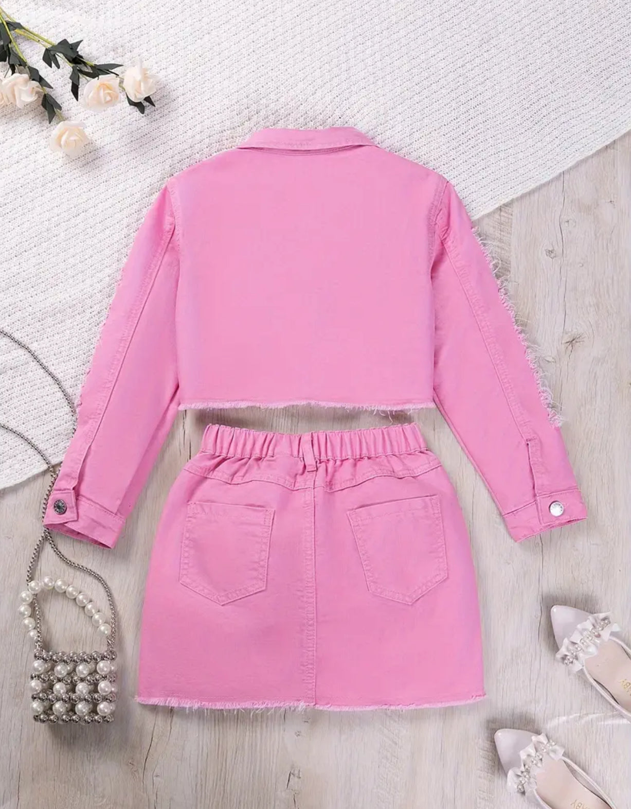 Conjunto de 1 chaqueta vaquera rota, top y falda para niña