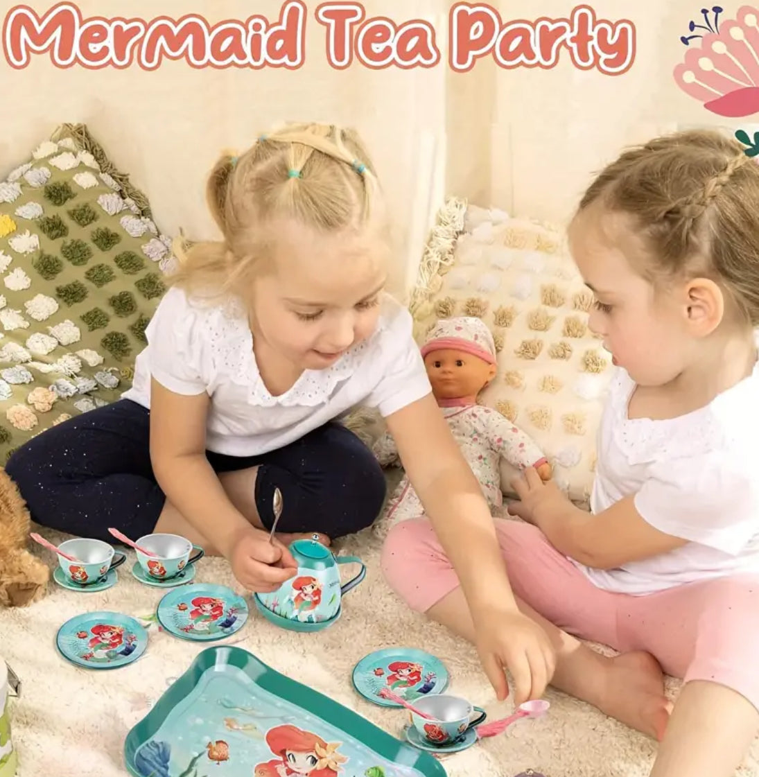 Set lojërash 19-copësh si Mermaid Tea Party, moshat 3-6 vjeç, përfshin set çaji dhe këllëf me kanaçe Pretend Play 🧜🏼‍♀️