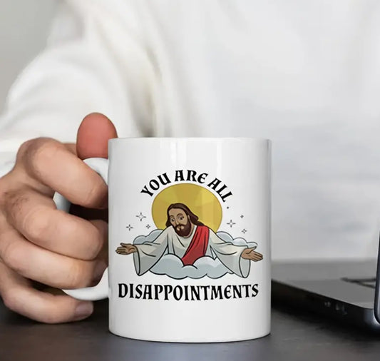 Taza de café de cerámica de 11 oz con estampado de letras "Disappointed", taza redonda novedosa con meme de Jesús