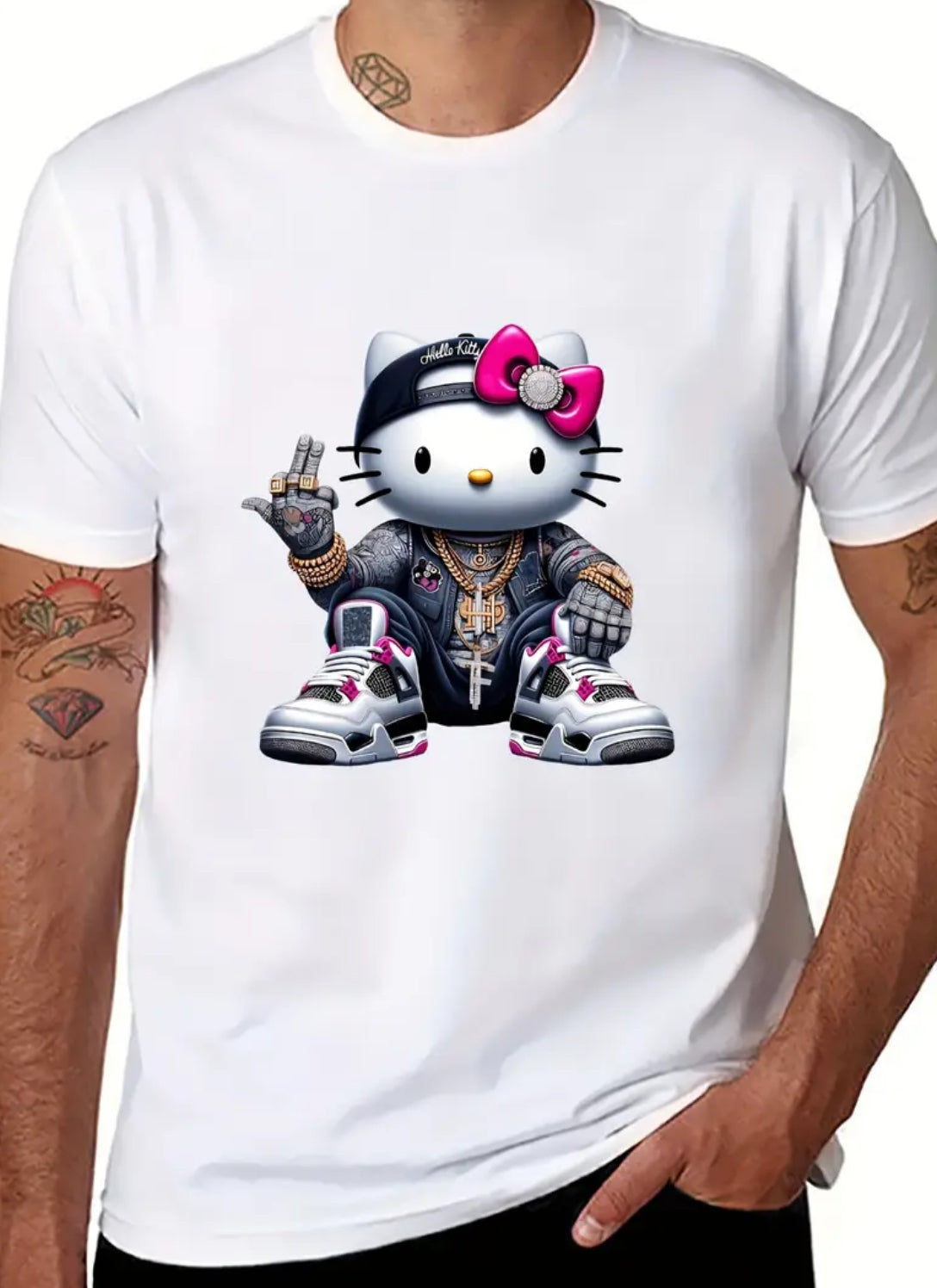 “Hello Kitty Hip-hop” Men's Short-Sleeved Fashion, Casual Streetwear T-shirt