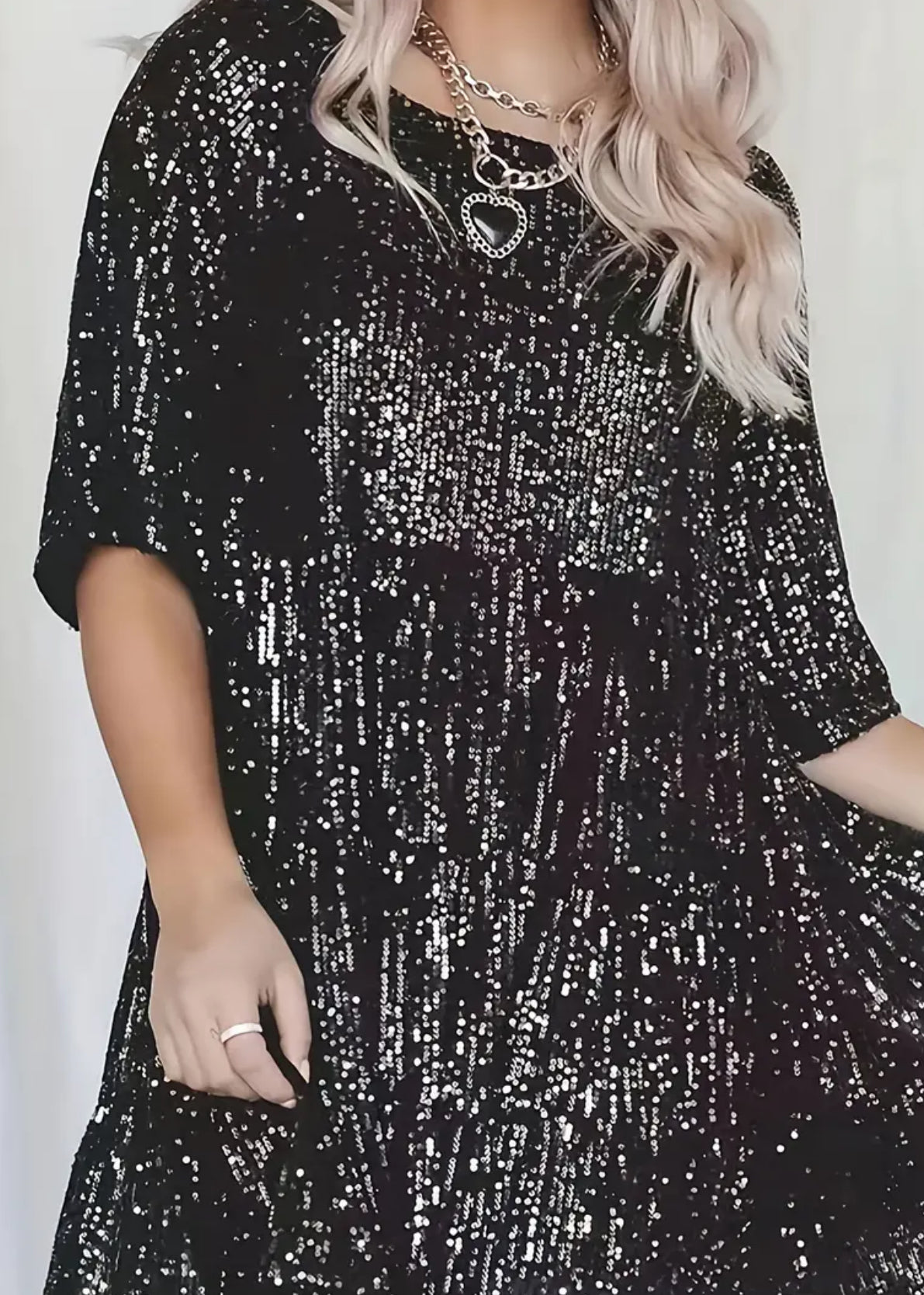 “Black Sequined Elegance” Half Sleeve Crew Neck, Loose Dress, Plus