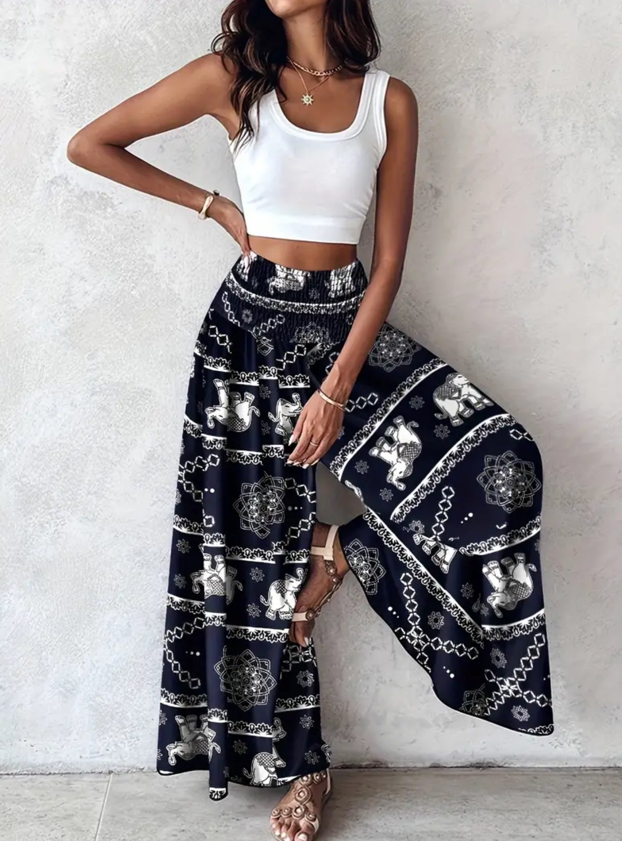 “Boho Floral” Shirred Waist, Floor Length, Wide Leg Pants 🔹