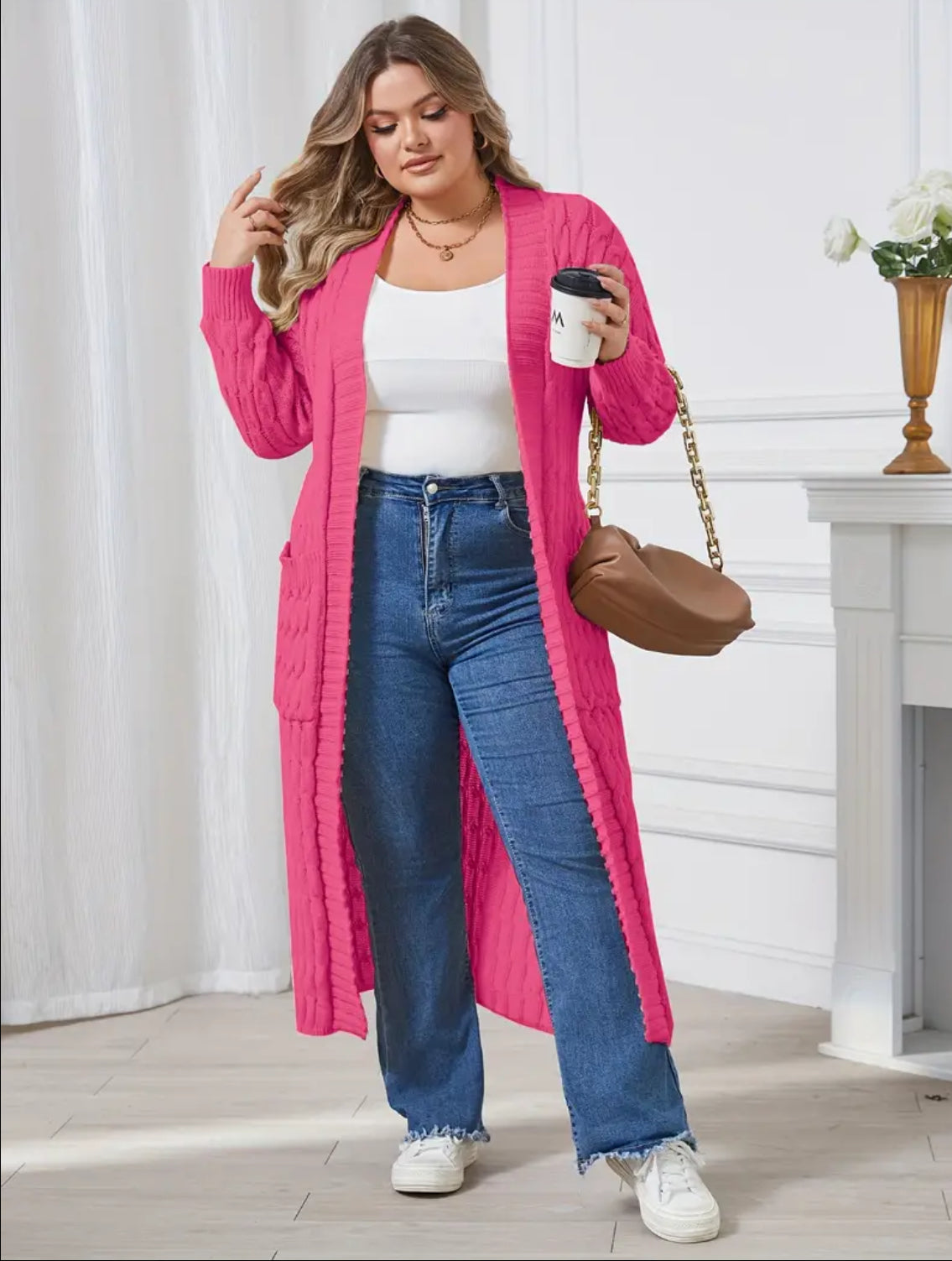 Posh 💋 Mommies Collection Plus Size Casual, Cable Knitted Long Sleeve, Open Front Medium Stretch Cardigan