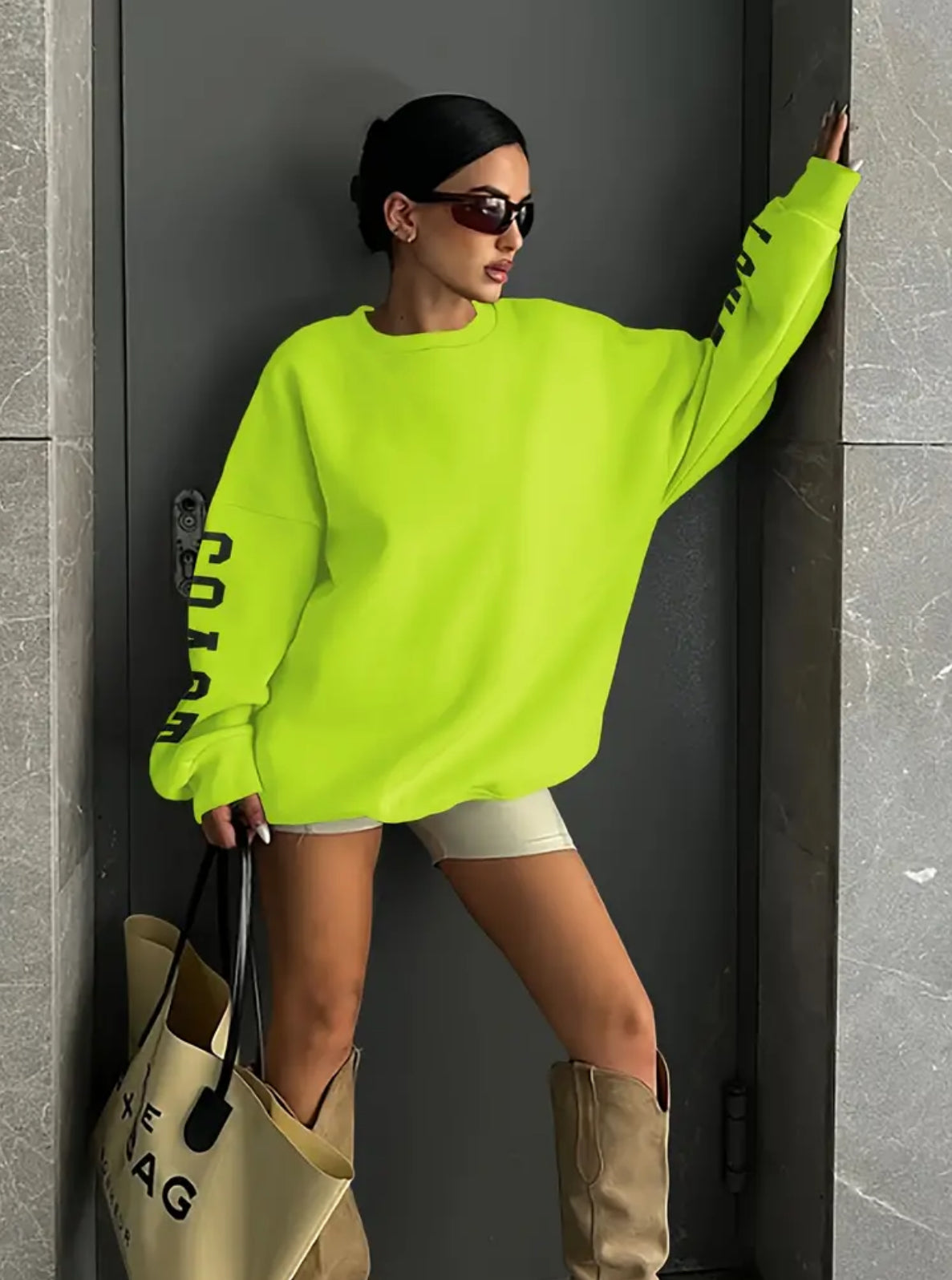 “Neon U EC” Pullover Sweatshirt, Casual Long Sleeve Crew Neck Sweatshirt Street Wear Fashion