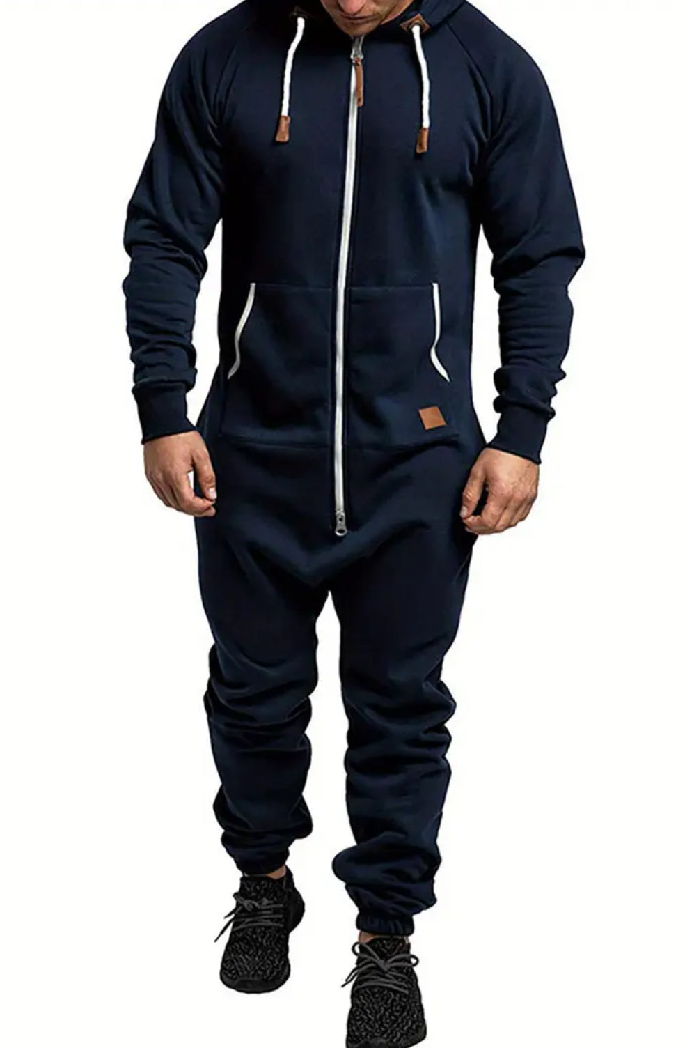 Men'S Hooded Fleece Lining Jumpsuit, Long Sleeve Full Zipper Overalls with Kangaroo Pockets