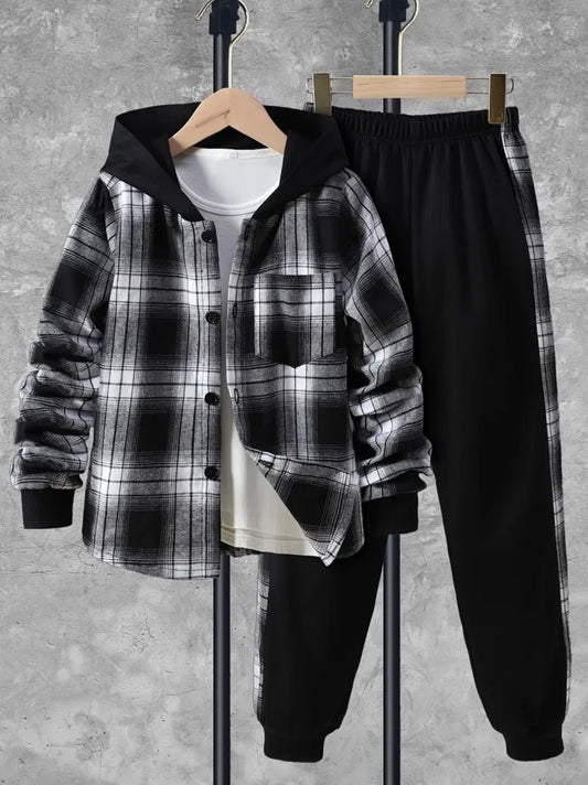 2pcs Boy's Plaid Pattern Hooded Shirt & Sweatpants Set