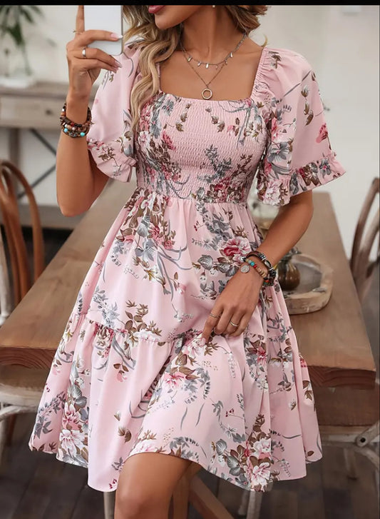 Blush Floral Print Dress with Shirred Waist and Short Sleeves