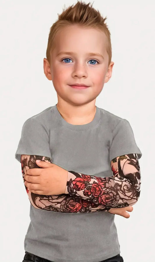 Stylish Faux, Two-piece Tattoo Pattern, Long Sleeve T-shirt For Boy's