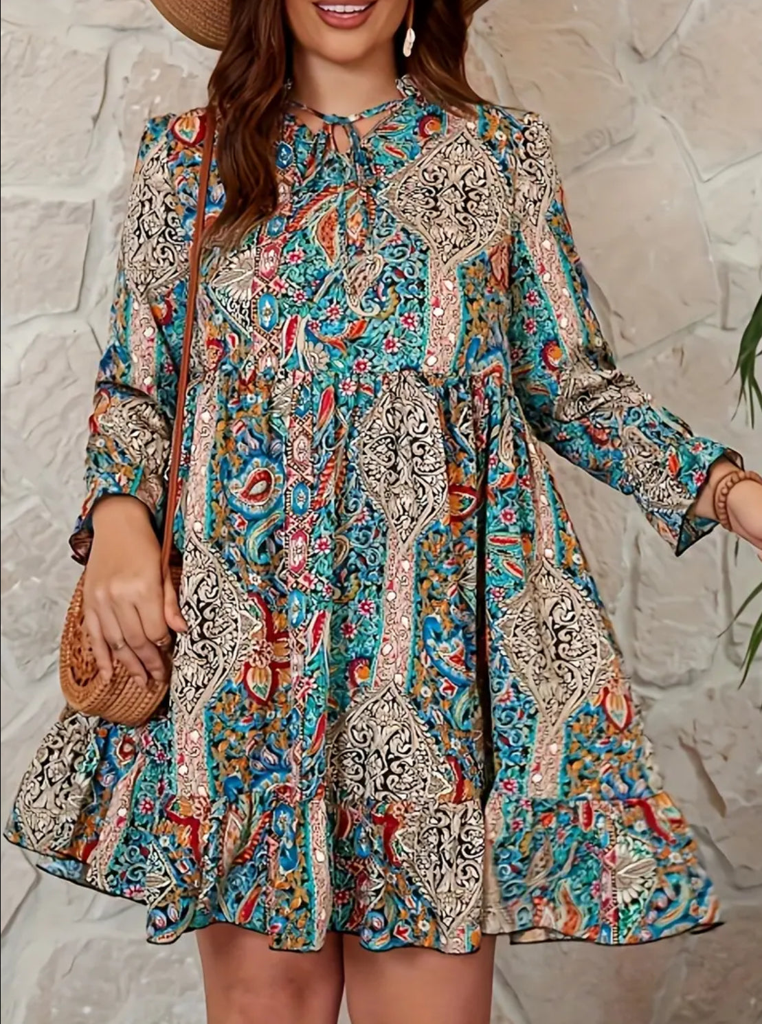 Women's Plus Size Boho Paisley Print Flounce Sleeve Tie Neck Ruffle Hem Dress with Slight Stretch