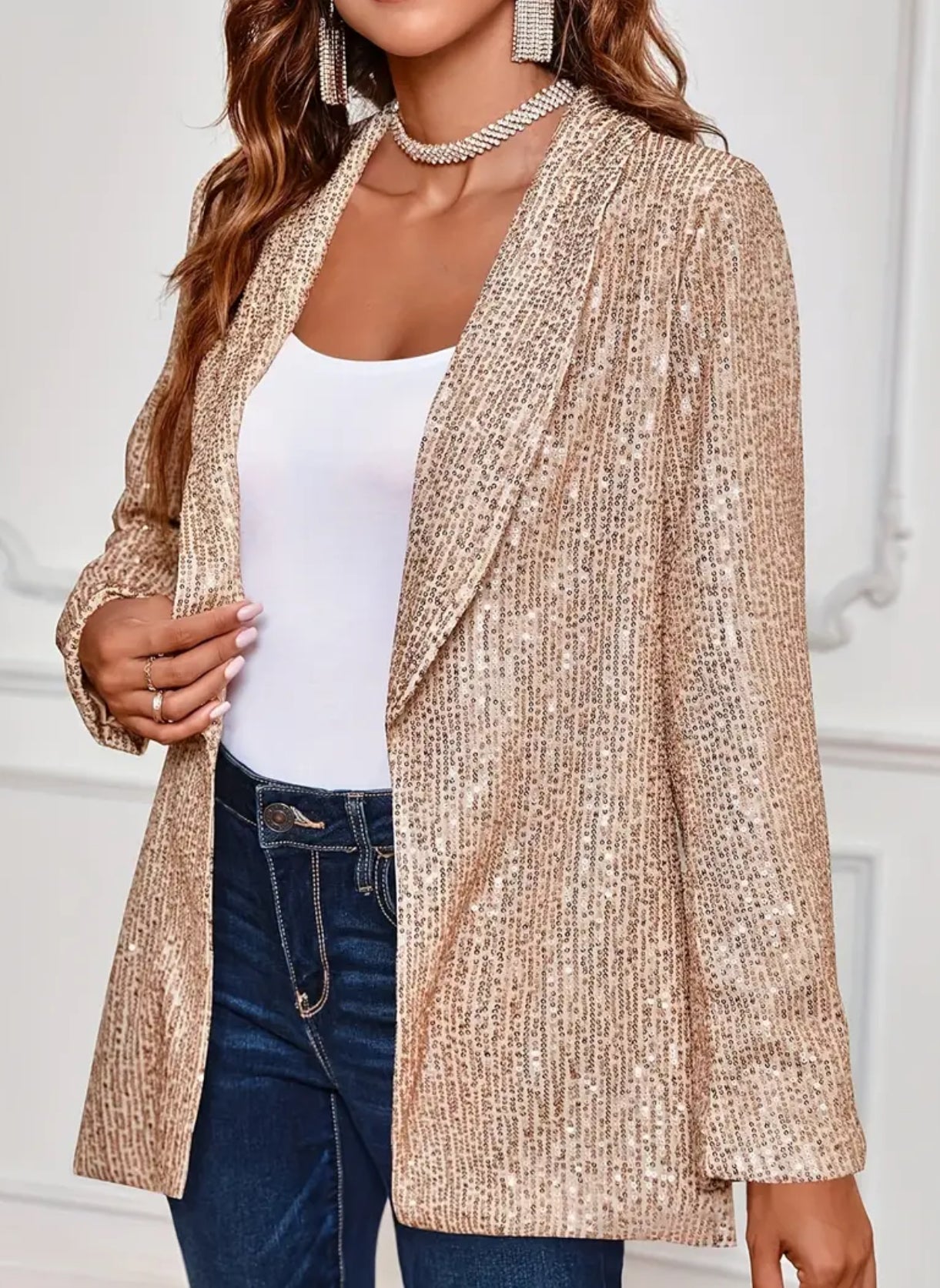 “Sequined Lapel” Neck Blazer, Vintage Long Sleeve Open Front