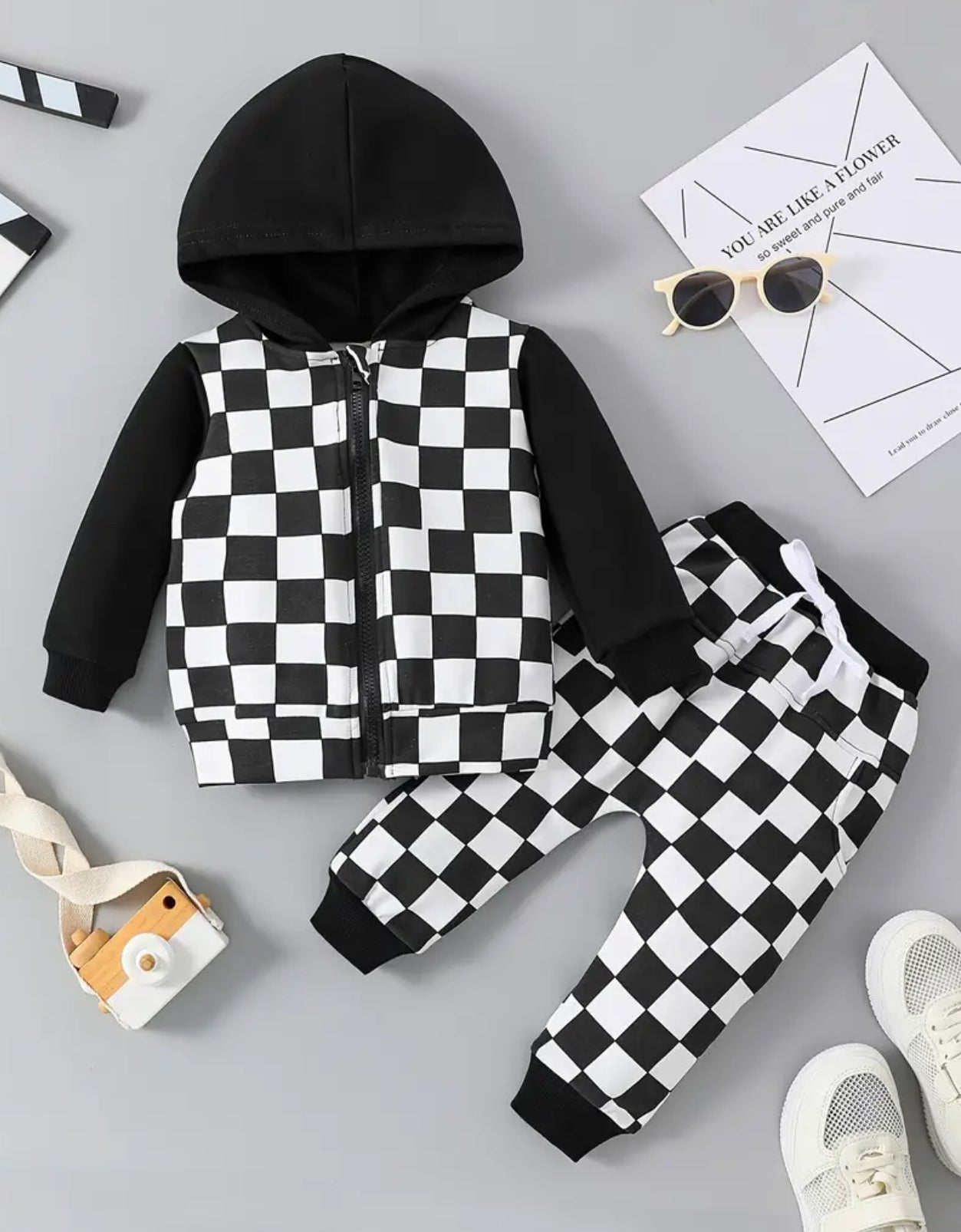 “Rocky” Checkerboard, Zip Up Sweatshirt Top / Pants, 2pcs Outfit Toddler