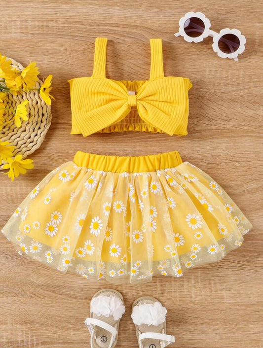 Baby Girl Bowknot Tank Top & Daisy Tulle Skirt Set