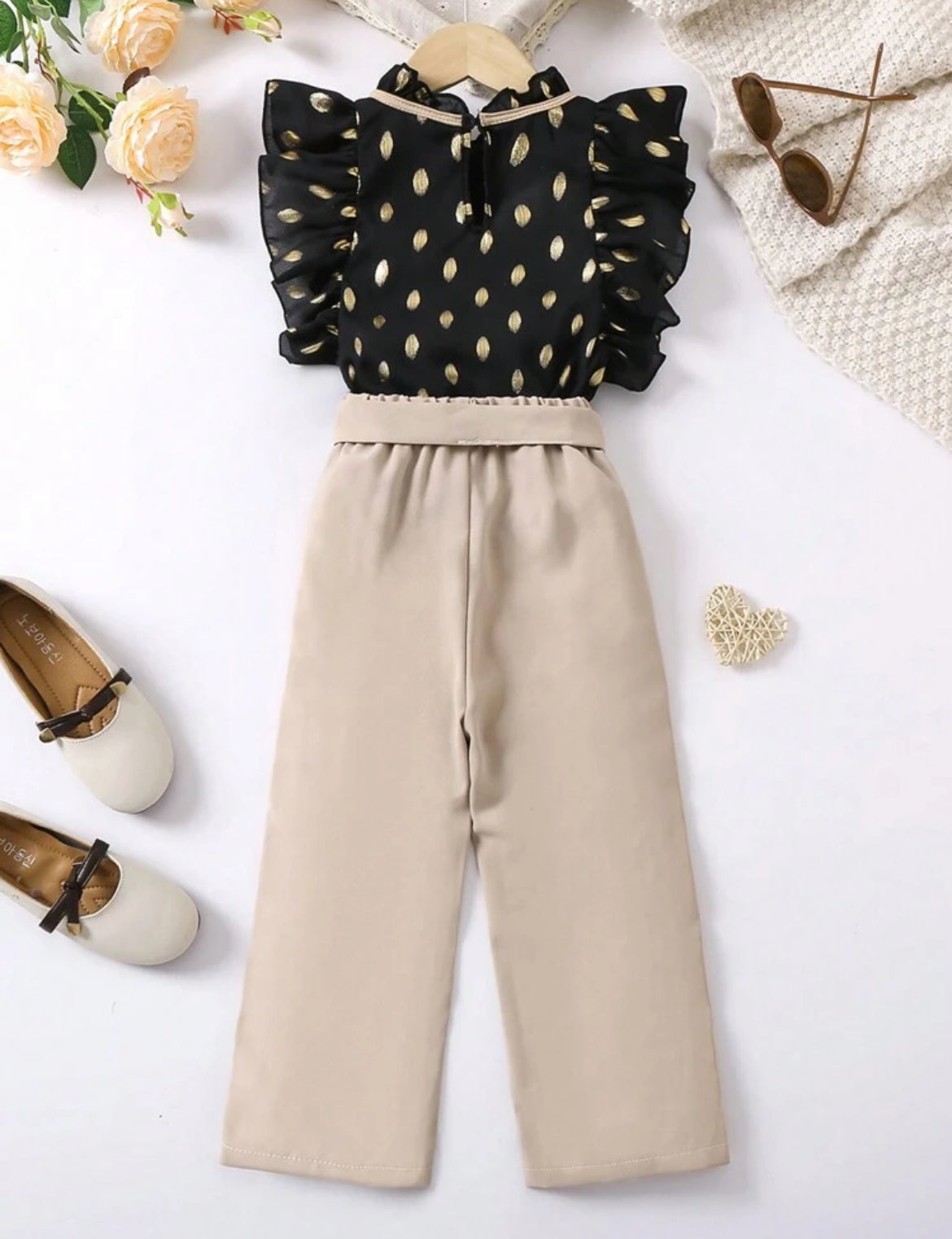 Girls ✨  2pcs/Set “ Fashion Diva” Loose Straight-Leg Pants With Tie  Ribbon Belt + Ruffle Edge Chic Blouse