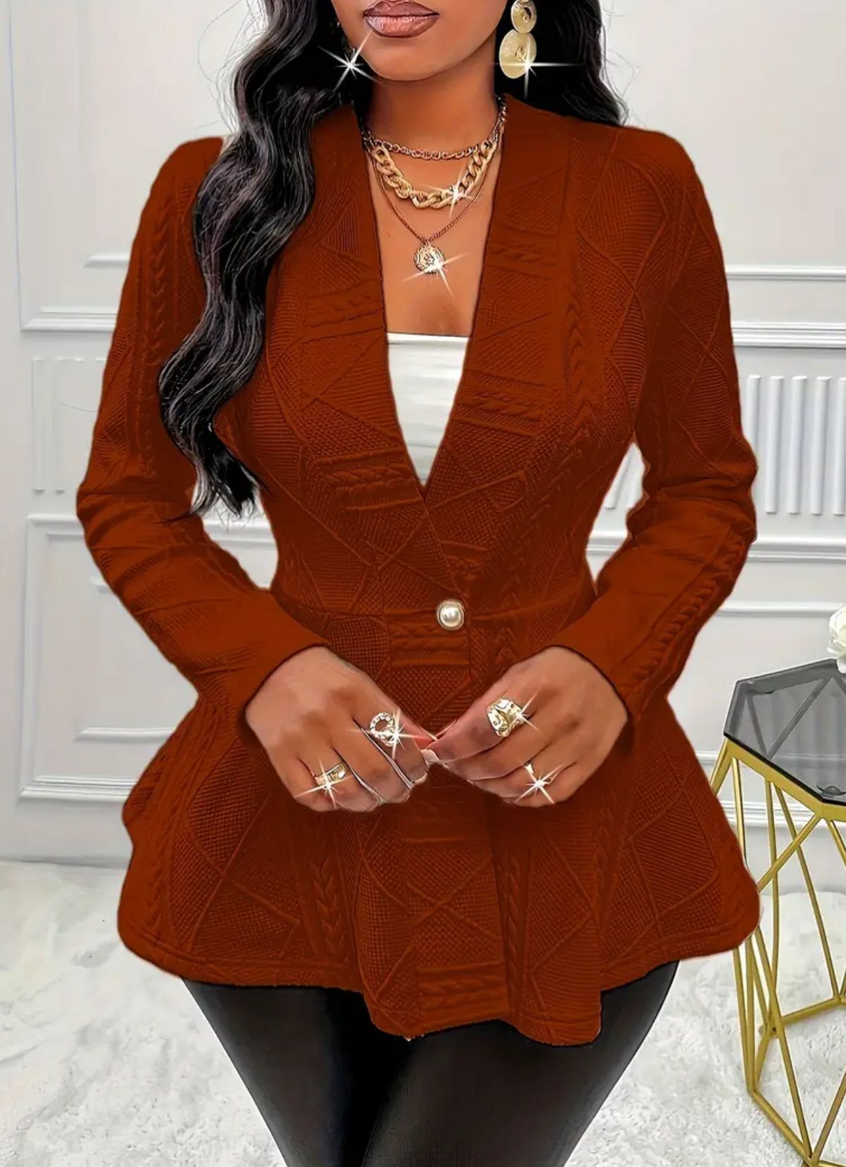 Plus Size Elegant Solid Textured Single-Breasted Long Sleeve Blazer - Flattering Fit, Versatile, and Chic