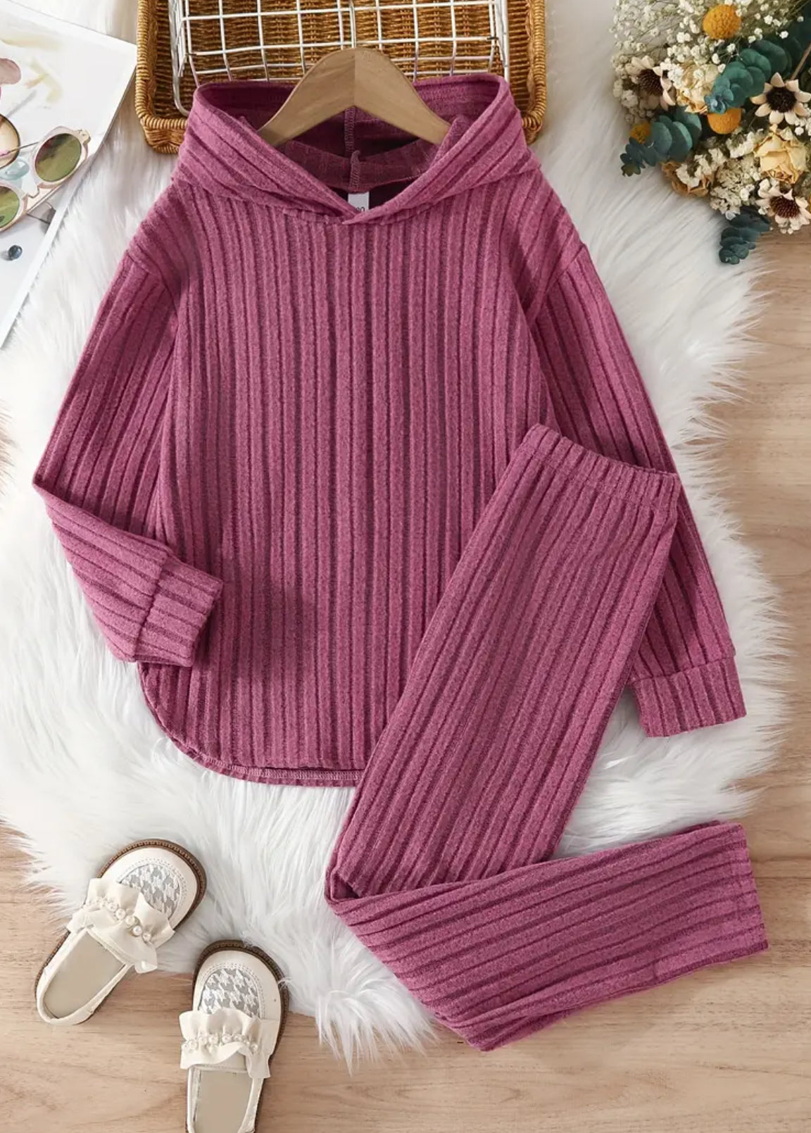 2pcs Girls Casual Ribbed Hoodies + Pants Kids Clothes