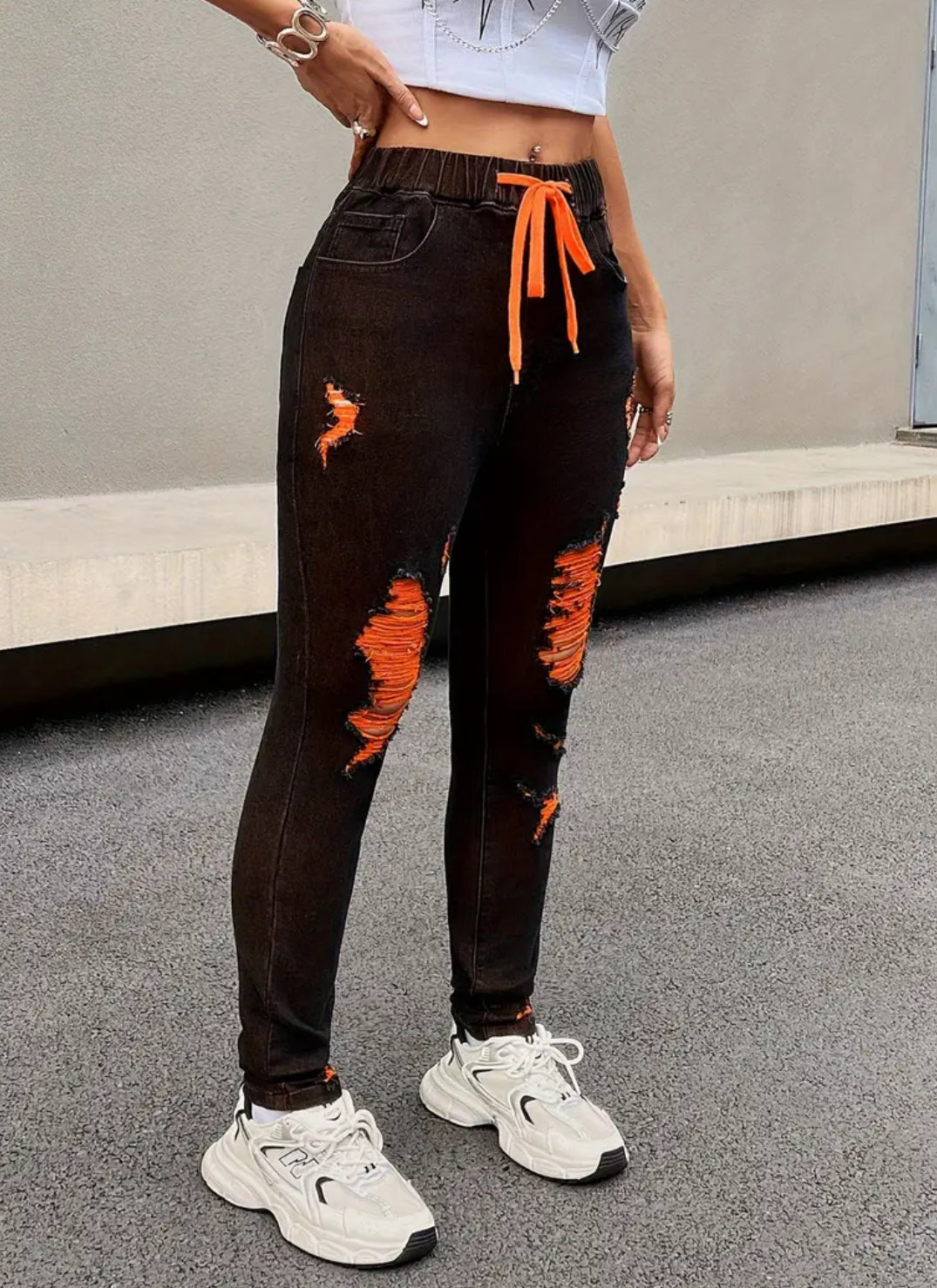 Orange Ripped Skinny Jeans High-Stretch with Adjustable Drawstring Waistband - Women's Fashion