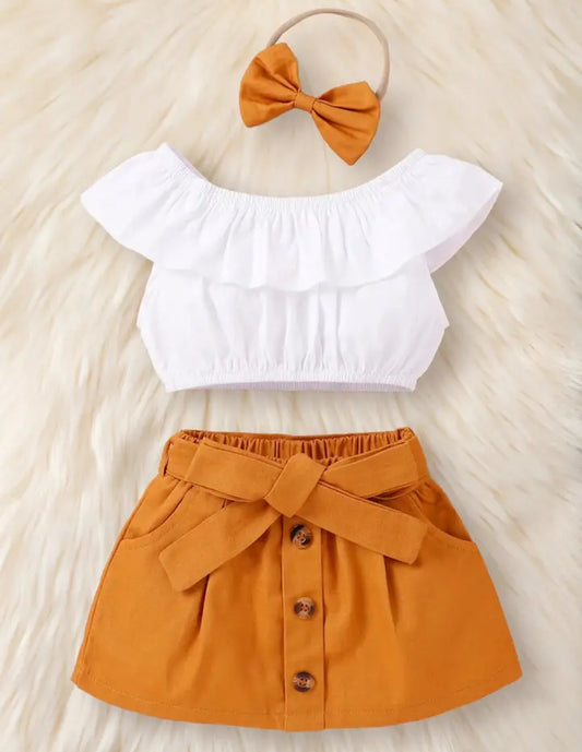 Traje de verano para niñas, top + falda + pajarita, 3 piezas, ropa de moda para niños de 4 a 7 años